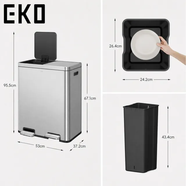 【EKO】不鏽鋼分類垃圾桶30L+30L(雙桶設計 分離腳踏式垃圾桶 廚房回收分類 防臭靜音)