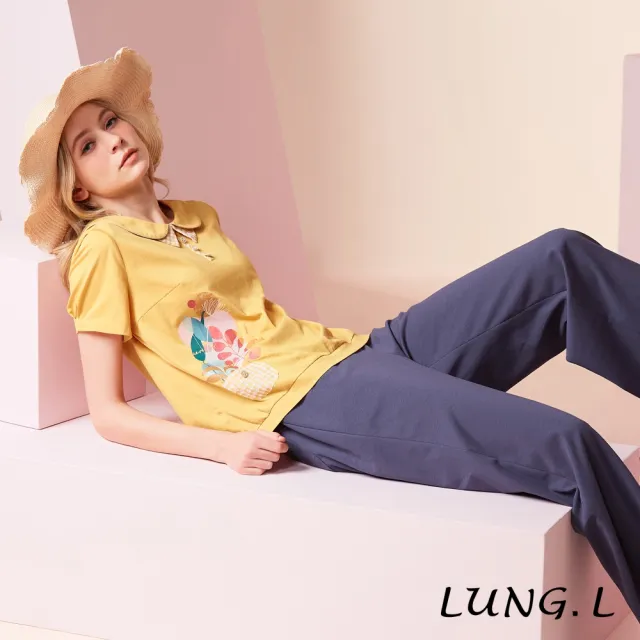 【LUNG.L 林佳樺】LU74A 黃色格紋領結設計插畫印花短袖女裝上衣-棉質-透氣