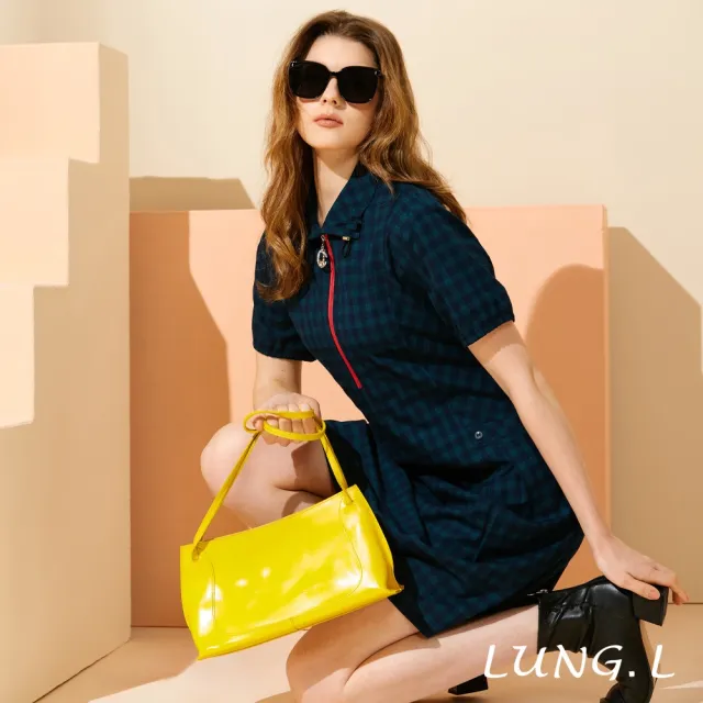 【LUNG.L 林佳樺】LU88H 質感藍綠格紋搭紅色拉鍊短袖洋裝