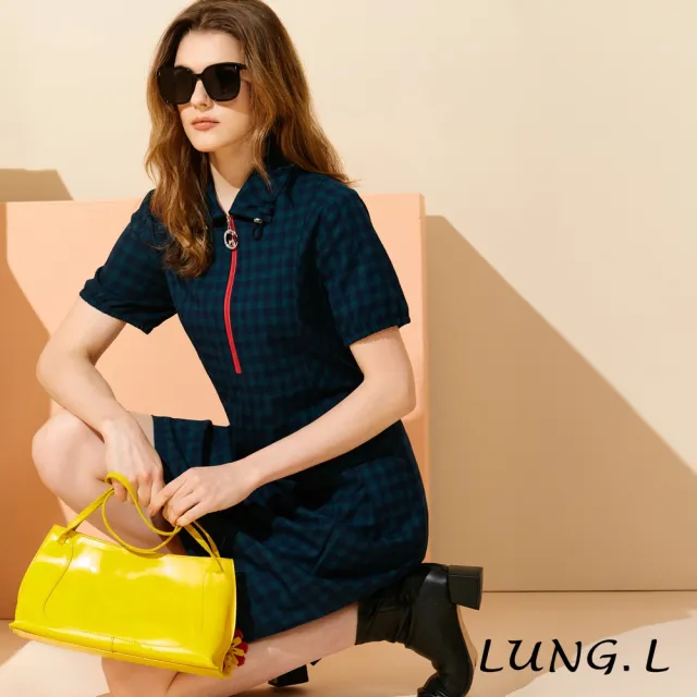 【LUNG.L 林佳樺】LU88H 質感藍綠格紋搭紅色拉鍊短袖洋裝