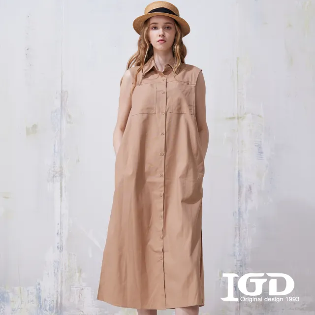 【IGD 英格麗】網路獨賣款-透氣亞麻無袖襯衫長版洋裝(卡其)