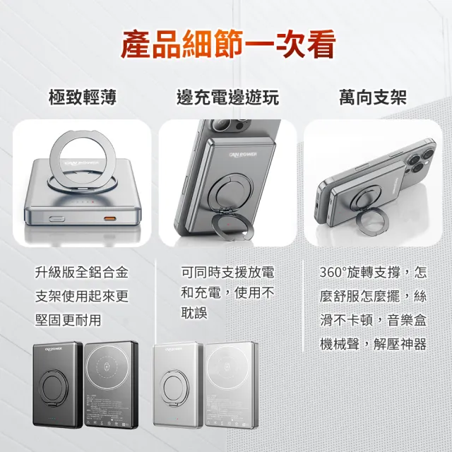 【Canpower】防爆超薄三合一固態行動電源 10000mAh(台灣製造 磁吸可充手錶耳機 鋁合金旋轉支架)