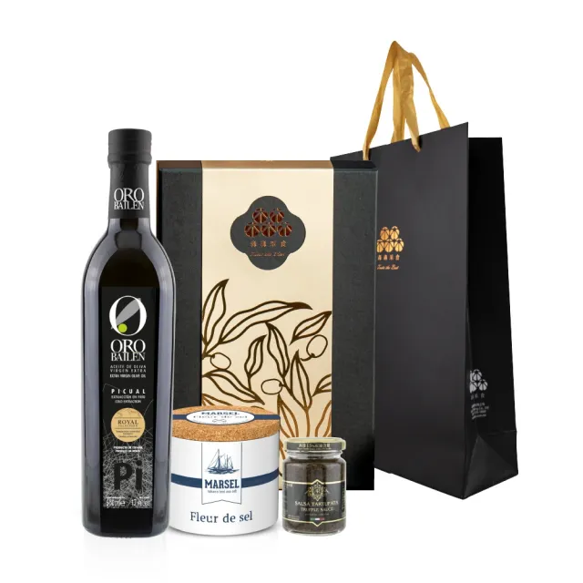 【Oro Bailen 皇嘉】特級冷壓初榨橄欖油御選禮盒 橄欖油500ml+A.R黑松露蘑菇醬90g+鹽之花125g 生飲禮盒