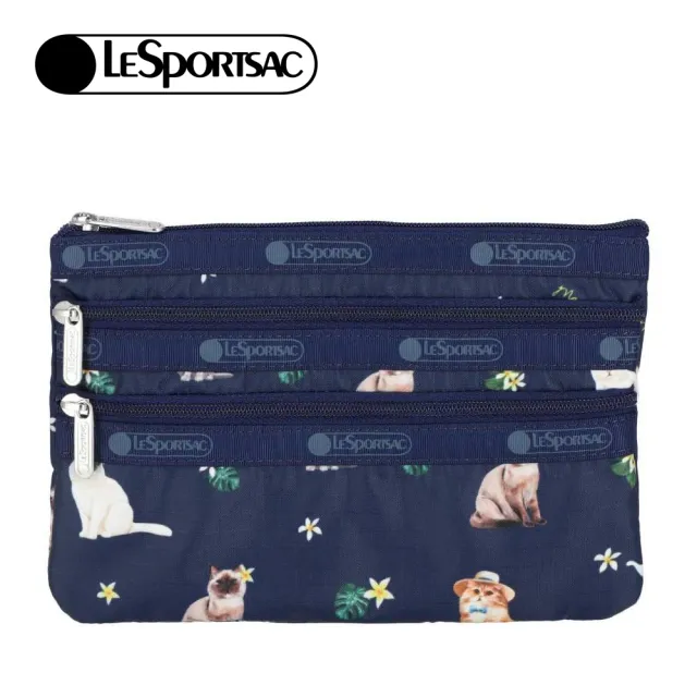 【Lesportsac】3-Zip Cosmetic 三層拉鍊化妝包 收納包 盥洗包 女包 男包(熱帶度假貓咪)