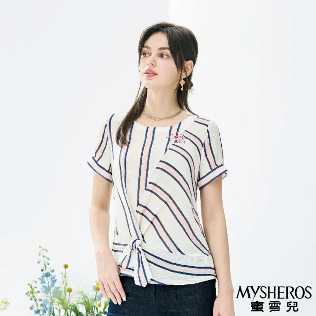 【MYSHEROS 蜜雪兒】棉質上衣 大圓領鑽釦飾 交叉打結下擺 背排釦裝飾(米)