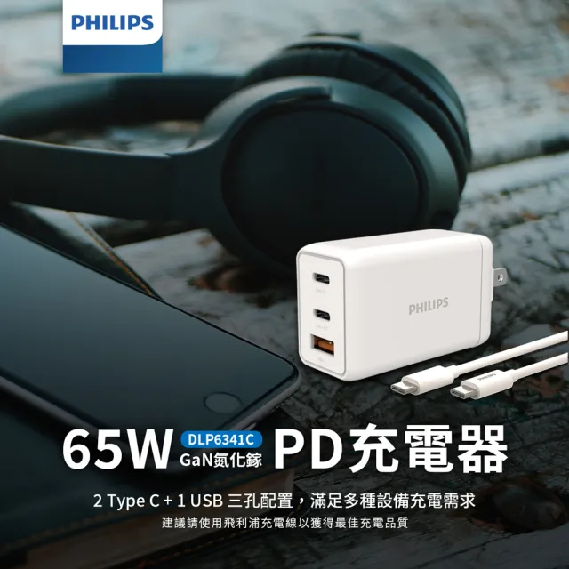 【Philips 飛利浦】65W GaN氮化鎵 TypeC USB PD/QC 3孔 快充充電器組(附TypeC傳輸充電線/DLP6341C/96-ST)