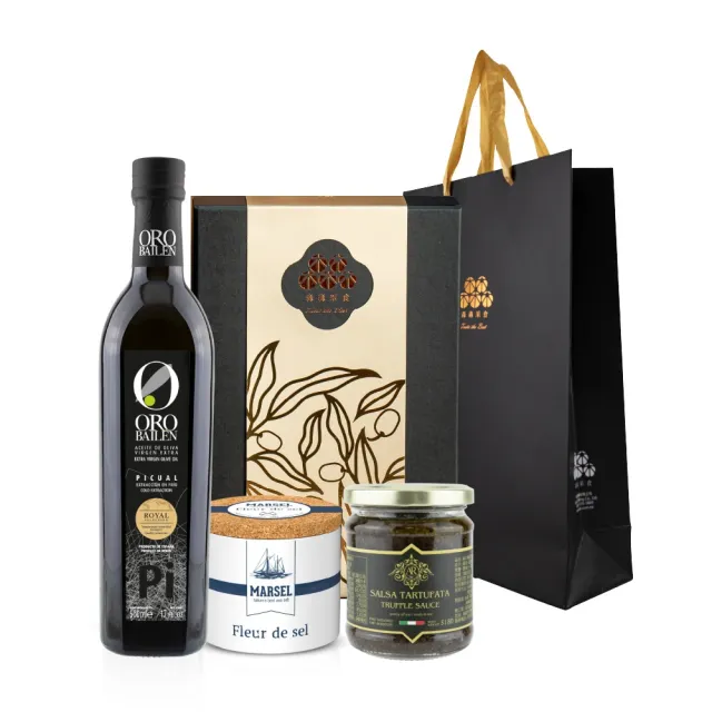 【Oro Bailen 皇嘉】奢饌禮盒附提袋(特級冷壓初榨橄欖油500ml+A.R黑松露蘑菇醬180g+鹽之花125g)