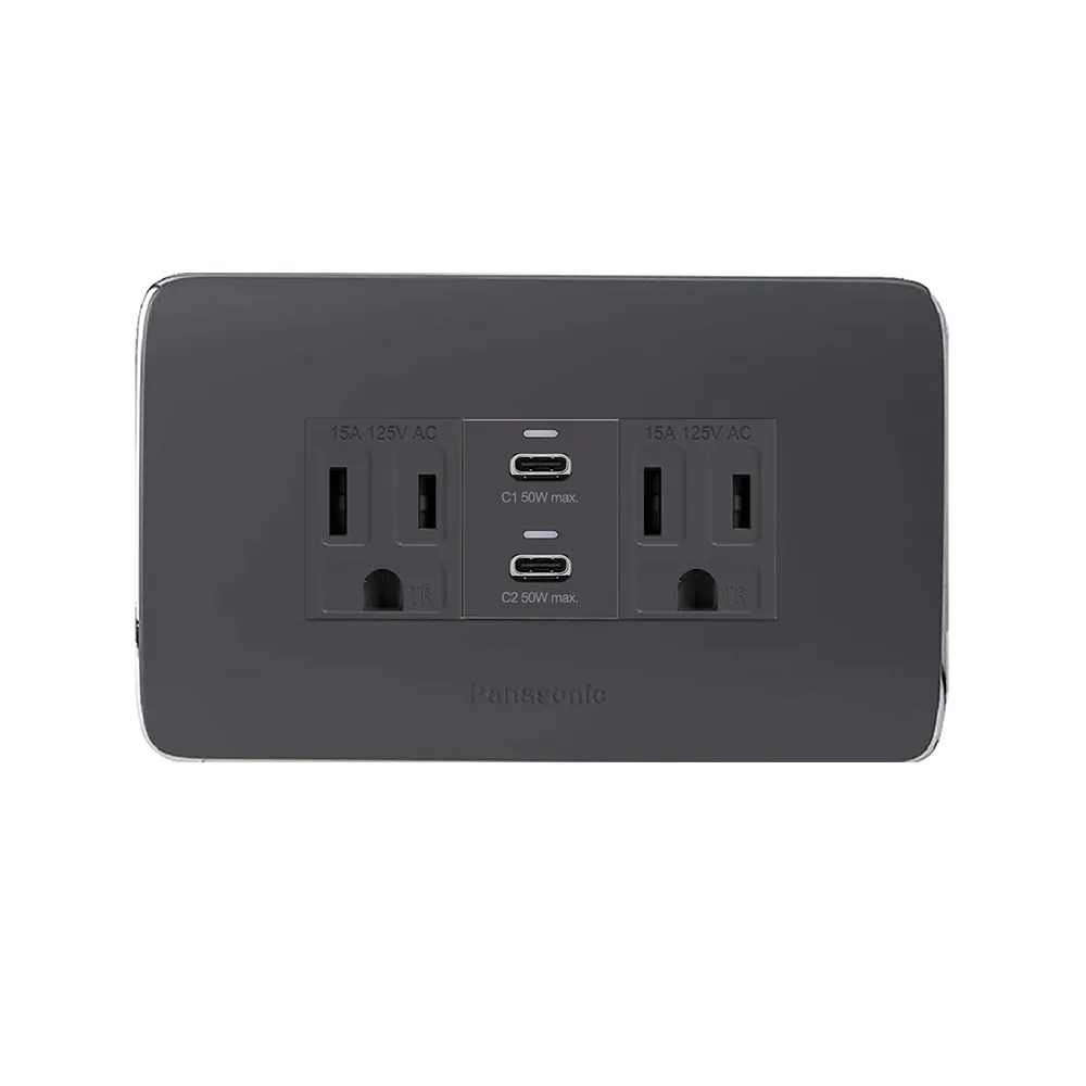 【易智快充】磐石系列-國際牌™ Panasonic™ Risna™ 灰蓋面板 50W USB快充插座(50W USB+AC安全插座x2)