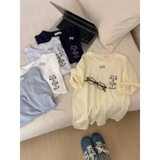 CHILL 貓奴必收！貓咪喫魚刺繡短Tee 貓咪T恤 刺繡短T 韓系穿搭 寬鬆顯瘦 質感棉T