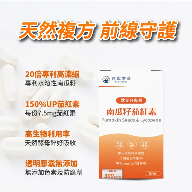 【達摩本草】歐美日專利南瓜籽+茄紅素 4入90顆/盒(20倍濃縮水溶性南瓜籽、茄紅素領先業界)