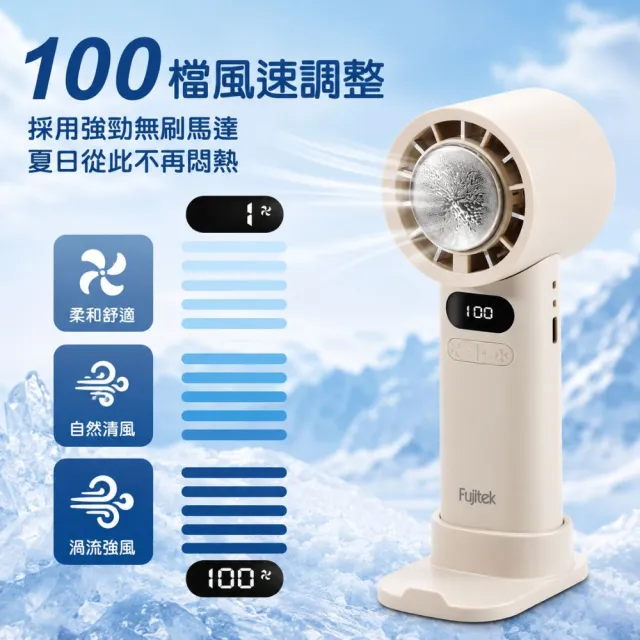 【Fujitek 富士電通】100檔高速製冷手持風扇FT-FN500 桌面渦輪冰敷風扇(隨身風扇 電風扇 折疊掛脖風扇)