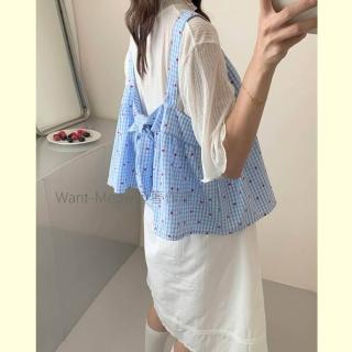 【Want-Meow】90公斤可穿/大胸可日系小花格紋娃娃背心多層次穿搭綁帶背心(大碼上衣/大碼/大尺碼/背心)