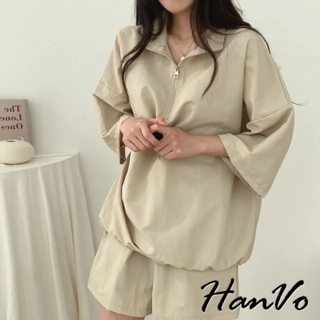 【HanVo】現貨 拉鍊休閒寬鬆運動風短袖套裝(透氣涼感親膚拉鍊領套裝 韓系時尚套裝 A08-5966)