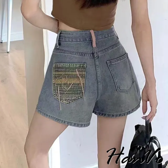 【HanVo】現貨 後口袋個性流蘇造型牛仔短褲(甜辣設計感高腰A字褲 韓系女裝 女生下著 A03-2099)