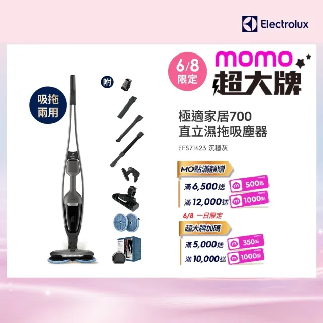 【Electrolux 伊萊克斯】700系列 吸塵濕拖三合一直立濕拖吸塵器(EFS71423 沉穩灰)