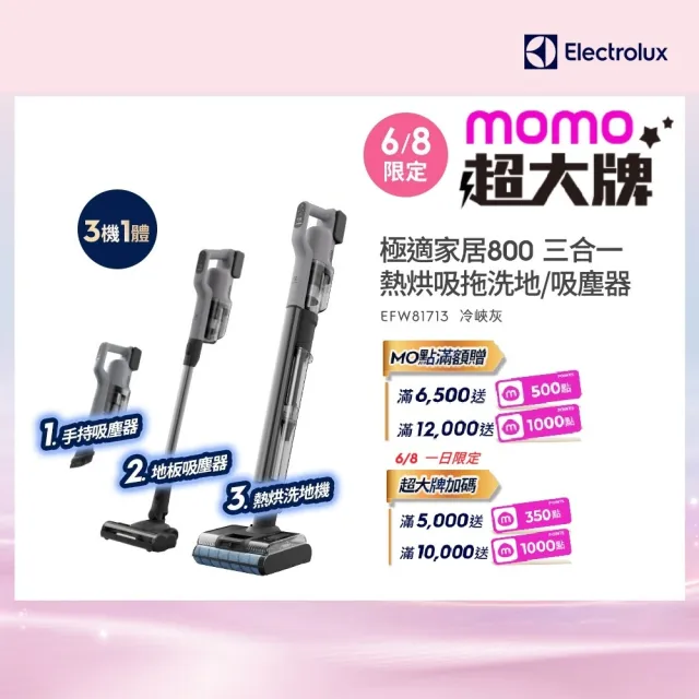 【Electrolux 伊萊克斯】極適家居800 三機一體熱烘吸拖洗地機/吸塵器(EFW81713 冷峽灰)