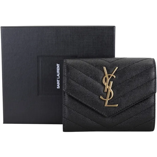 【YSL】Saint Laurent MONOGRAM 魚子醬牛皮三折短夾-黑色