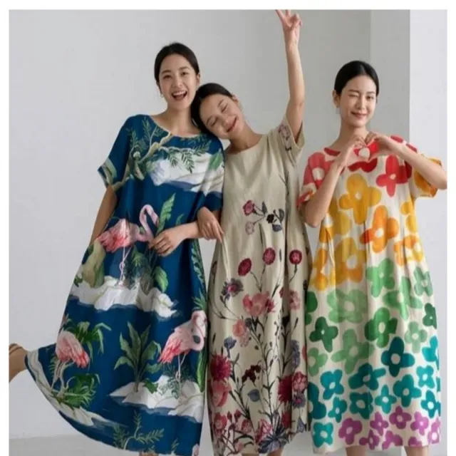 【巴黎精品】現貨+預購 連身裙短袖洋裝大尺碼女裝(圓領寬鬆網版絹印顯瘦長裙女裙子22款b2a8 C)