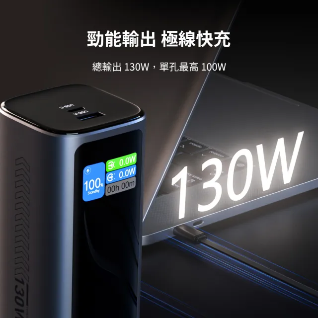 【Choetech】狠能充｜20000mAh PD130W 筆電快充自帶線行動電源 B815C(充電支柱 不受線制)