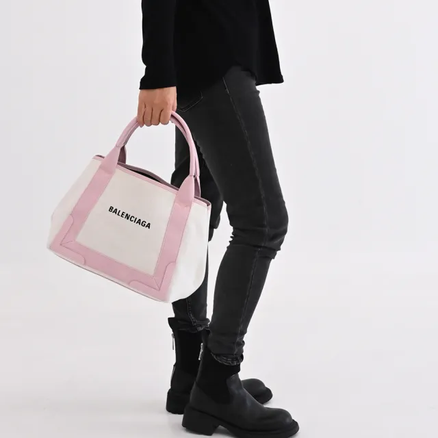 【Balenciaga 巴黎世家】NAVY 簡約LOGO厚帆布拼接附萬用袋大手提包托特包(米白)『entrupy安心購』