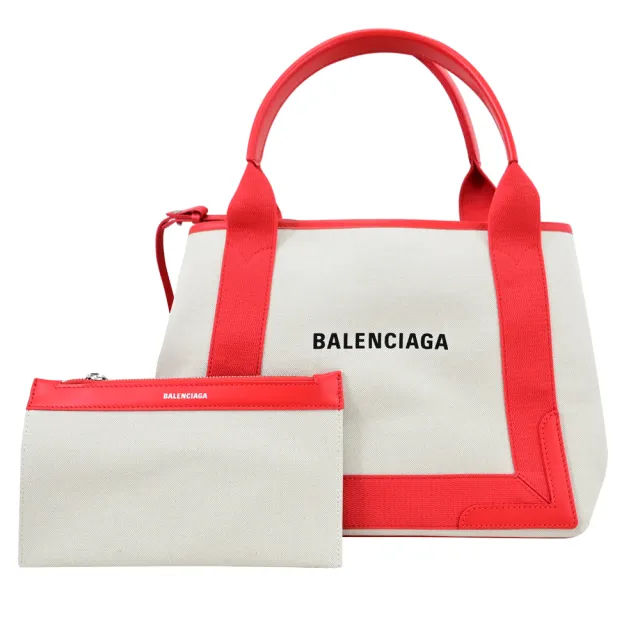 【Balenciaga 巴黎世家】NAVY 簡約LOGO厚帆布拼接附萬用袋大手提包托特包(紅邊)『entrupy安心購』