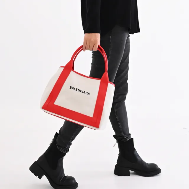 【Balenciaga 巴黎世家】NAVY 簡約LOGO厚帆布拼接附萬用袋大手提包托特包(紅邊)『entrupy安心購』