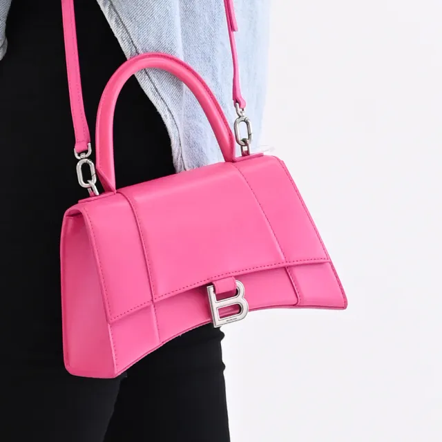 【Balenciaga 巴黎世家】Hourglass 金屬品牌B字荔枝牛皮手提兩用包沙漏包(亮桃)