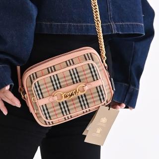 【BURBERRY 巴寶莉】Check Link 戰馬格紋肩斜相機包(駝/粉邊)