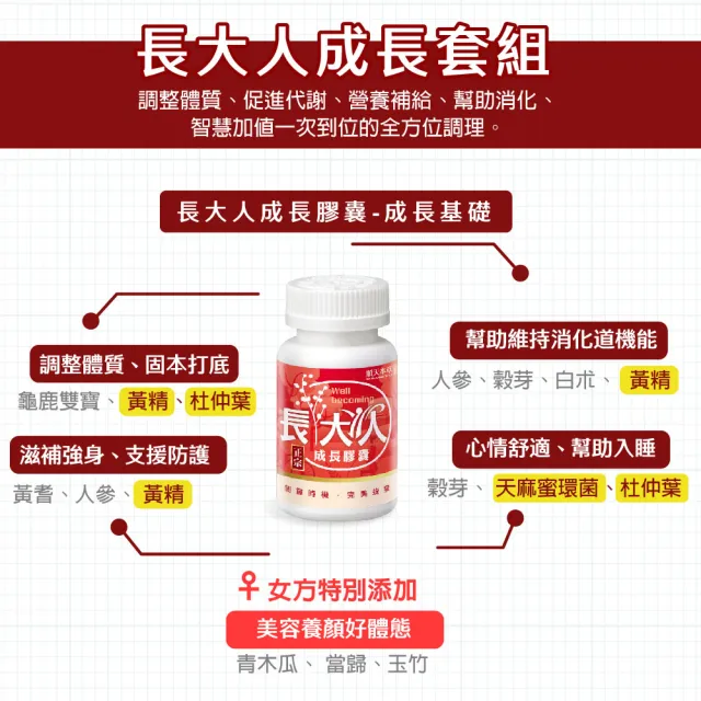 【順天本草】買一送一　長大人成長套組 正宗版2盒-女方(每盒含成長膠囊60顆*2+金智慧王30顆*2+成長御膳4包)