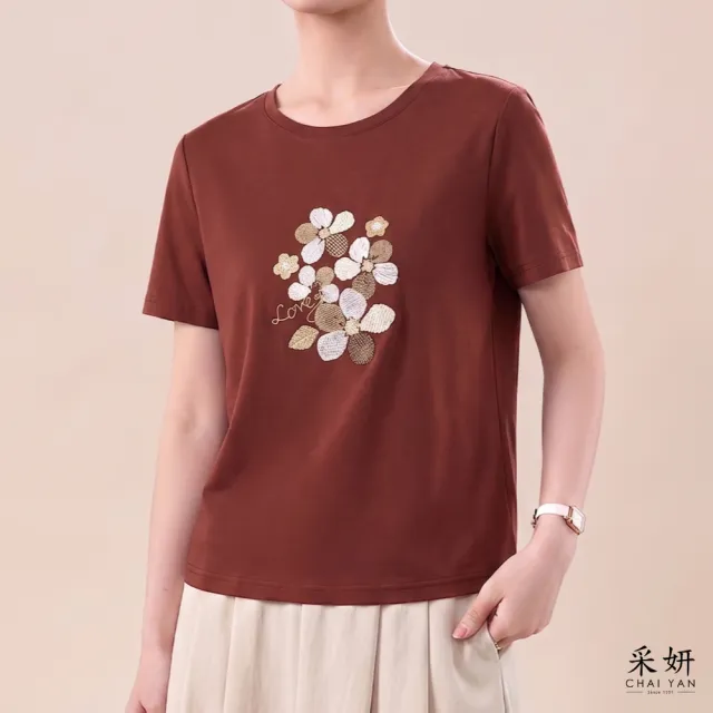 【CHAI YAN 采妍】文青花朵刺繡短袖上衣(春夏女裝/中大尺碼/專櫃/寬鬆/透氣)