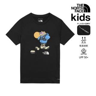 【The North Face】北面兒童黑色UPF50防曬趣味小熊印花短袖T恤｜8GZXJK3 排汗衫