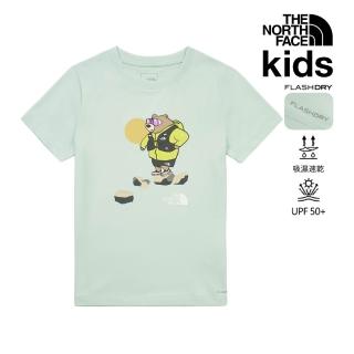 【The North Face】北面兒童綠色UPF50防曬趣味小熊印花短袖T恤｜8GZXG70 排汗衫