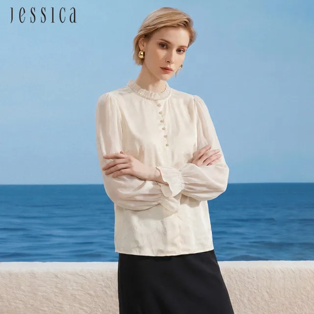 【JESSICA】氣質木耳邊領透膚長袖襯衫J62303