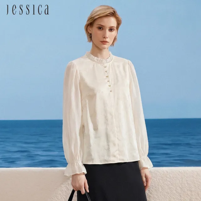 【JESSICA】氣質木耳邊領透膚長袖襯衫J62303