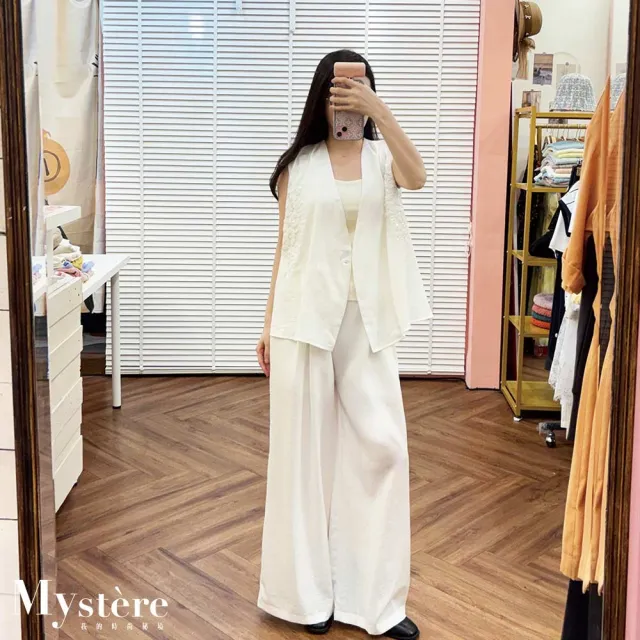 【my stere 我的時尚秘境】雙11 繡花V領背心寬褲 兩件式套裝 白色 背心套裝 棉麻套裝 氣質套裝
