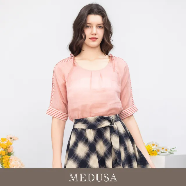 【MEDUSA 曼度莎】現貨-柔粉小蝴蝶結亞麻透氣上衣(M-XL)|亞麻上衣 甜美穿搭 夏日涼感