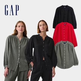 【GAP】女裝 棉質輕織超寬鬆無領長袖襯衫-多色任選(896732)