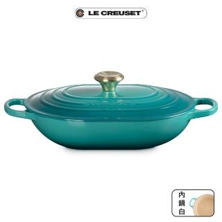 【Le Creuset】典藏琺瑯鑄鐵橢圓鐵鍋 31cm(海韻藍-淡金頭-內鍋白)