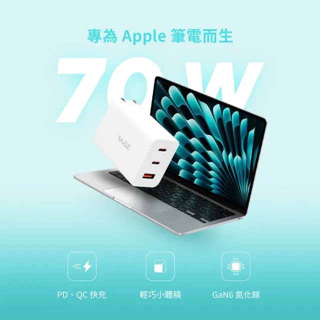 【MUDZ】NanoBoost 70W Type-C 3孔 氮化鎵 PD 快充充電器(低溫穩充 品質保證)