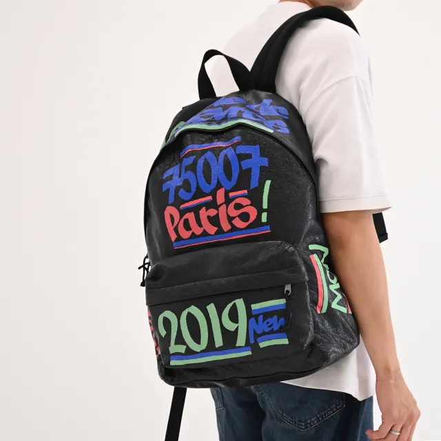【Balenciaga 巴黎世家】經典城市街頭塗鴉小羊皮手提旅用包後背包(黑綠 大款)