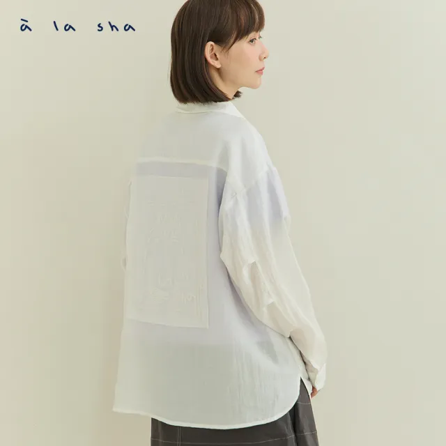 【a la sha】手繪感蘋果喵繡花透膚襯衫