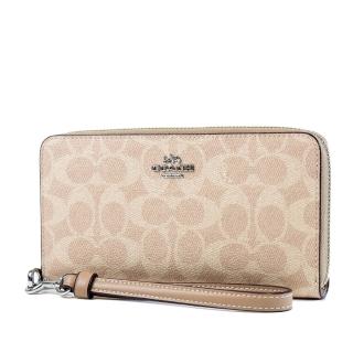 【COACH】緹花LOGO防刮皮革手掛式拉鍊長夾-灰褐
