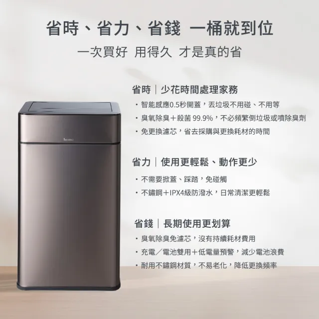 【mo select】智能除臭殺菌不鏽鋼感應垃圾桶30L(雙開蓋/大容量/附充電電池)
