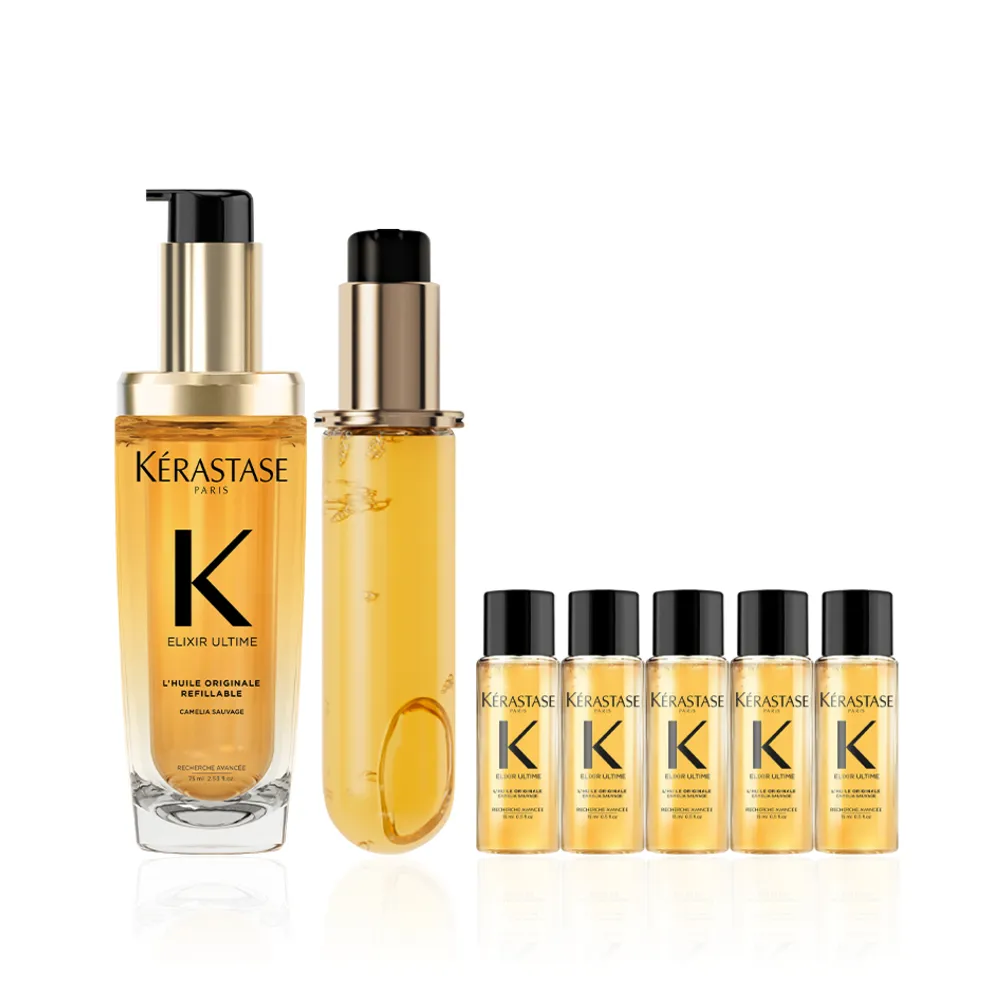 【KERASTASE 巴黎卡詩】金緻柔馭山茶花鎏光露75ml+填裝瓶75ml(升級版奢光小金油/極致保濕/抗躁/護髮油/髮油