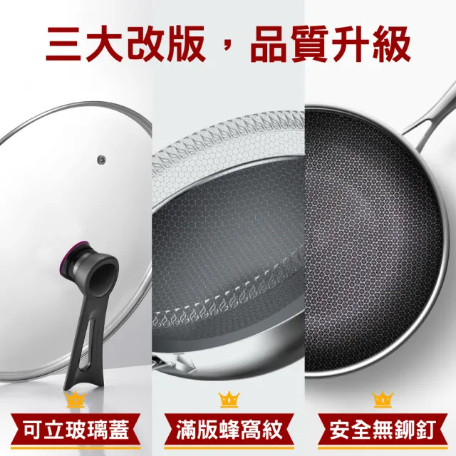 【鼎匠】升級鈦黑立體雙面蜂巢★七層複合金316抗菌不鏽鋼不沾炒鍋34cm(可立玻璃蓋/不挑爐具)