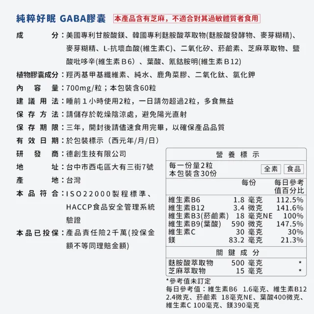 【De Chuang 德創生技】純粹好眠GABA膠囊 4入組(醫師共同研發 專利足量GABA 芝麻素與甘胺酸鎂)