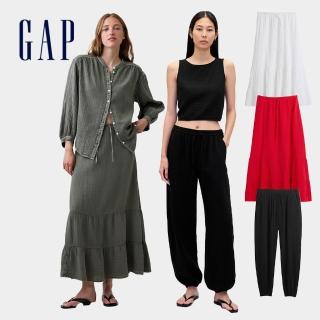 【GAP】女裝 夏日必備透氣棉紗層次長裙/運動褲-多款任選(892683&877625)