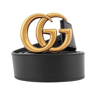 【GUCCI 古馳】大雙G霧金logo牛皮皮帶 寬4CM(黑色)