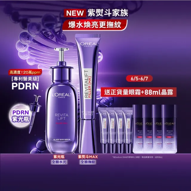 【L’OREAL Paris 巴黎萊雅】超水光P.D.R.N.修護精華30ml+玻尿酸眼霜級撫紋精華霜30ml