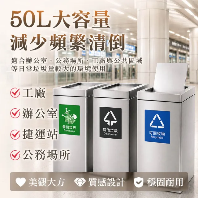 【SMILE】搖擺蓋不鏽鋼垃圾桶 方型垃圾桶 各類垃圾桶 165-STC90S(辦公室分類回收桶 大型垃圾桶)